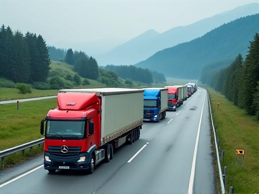 A fleet of commercial trucks driving in a line on an Austrian highway.