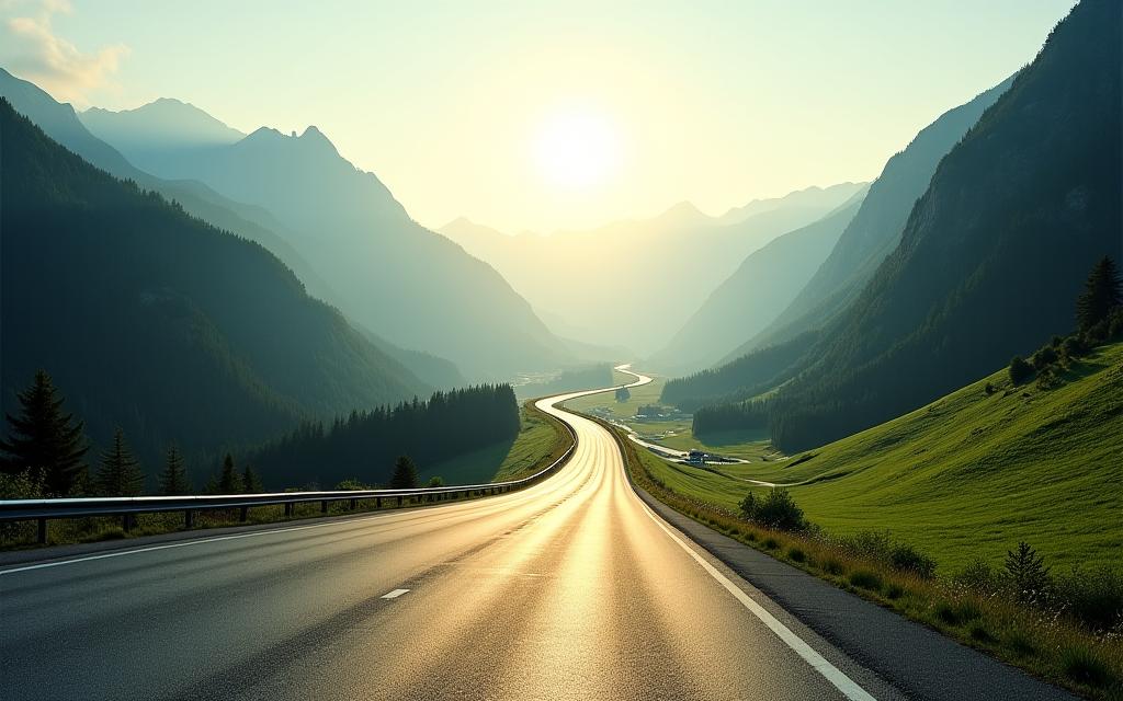 A scenic view of a modern Austrian highway cutting through green mountains.